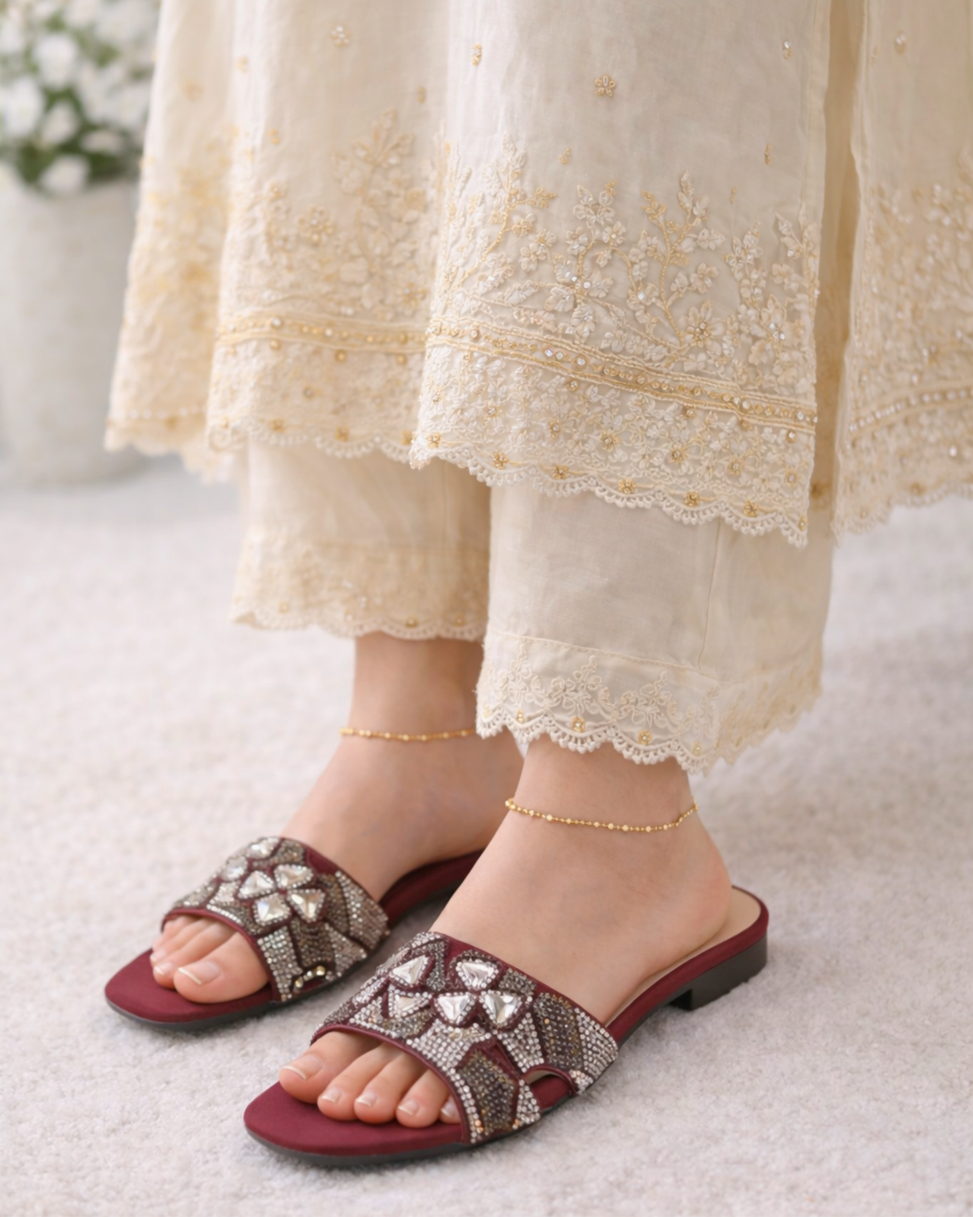 maroon crystal ladies flats for party wear and casual wear - Mag Lifestyle