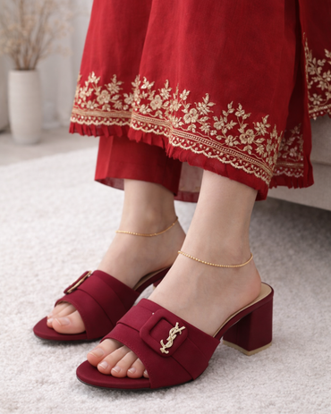 Maroon Block Heels with YSL logo - Mag Lifestyle