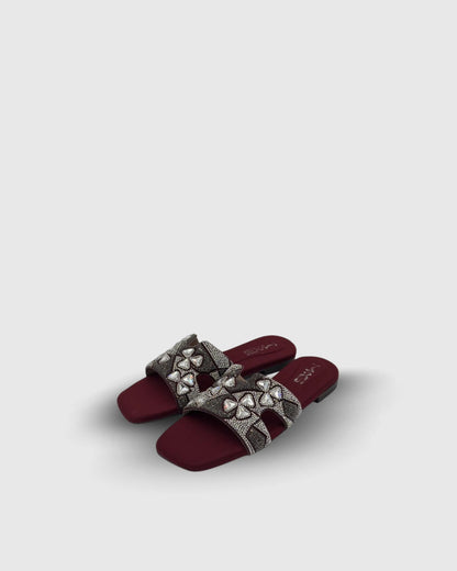 Maroon crystal slides flats for party wear and casual wear - Mag Lifestyle