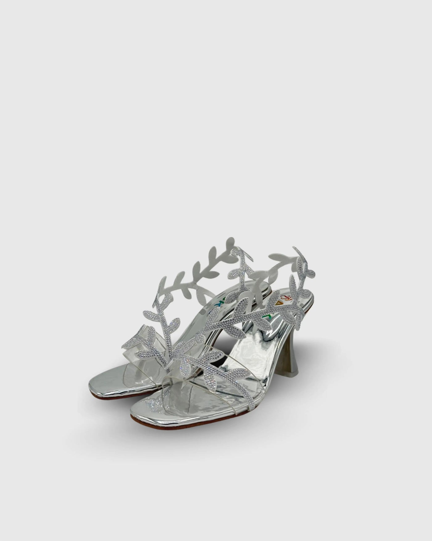 transparent strap heels with leaf design